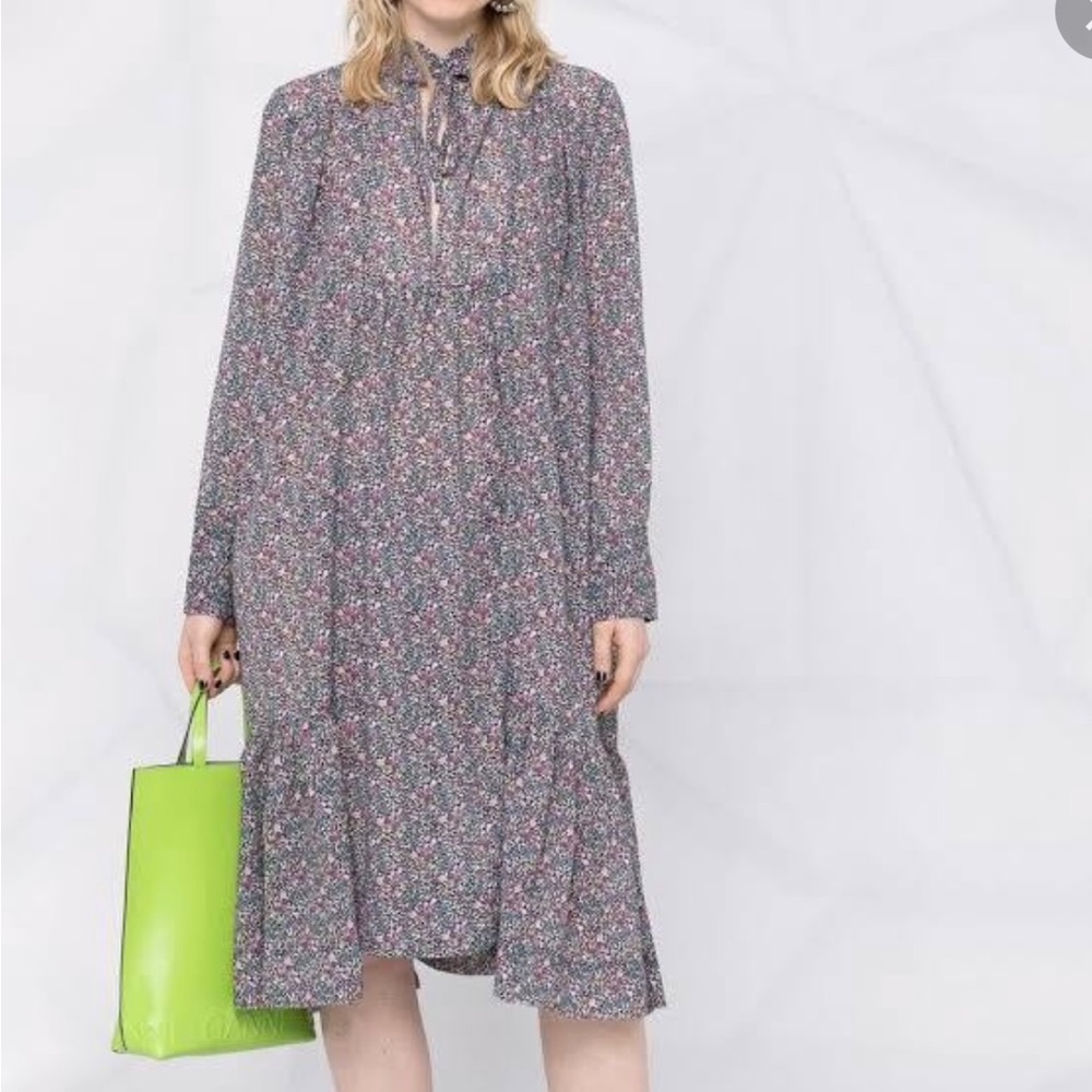 NWT Ganni Floral Midi Dress Size EU 34 US 2 Oversized Long Sleeve Semi Sheer